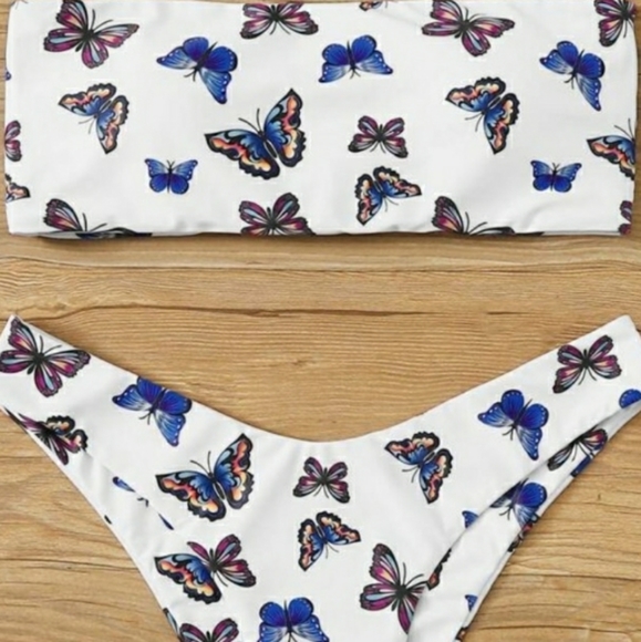 Butterfly Print Lace Up Bandeau High Cut Bikini - Picture 3 of 5